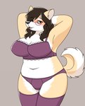 blush breasts clothing exposure_variation eyewear female front_view glasses hands_behind_head mature_female open_mouth solo standing pencil_bolt shibamaru_(pencil_bolt) canid canine canis domestic_dog mammal shiba_inu spitz hi_res