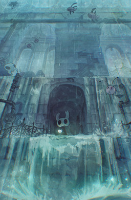 2_horns ambiguous_gender biped black_body black_eyes cloak clothing detailed_background feral floating holding_lantern holding_object horn lamp lantern pipe raining standing water blipbugbug hollow_knight_(franchise) team_cherry the_knight_(hollow_knight) arthropod vessel_(species) 2023 absurd_res hi_res painting_(artwork)