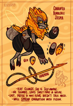 abstract_background ambiguous_gender anthro black_body brown_body harpoon looking_at_viewer melee_weapon mouth_closed orange_eyes polearm solo spear text weapon yellow_sclera 0ct0m0n0 arthropod bee bumble_bee_(species) hymenopteran insect 2019 dated english_text hi_res signature warm_colors female_(lore)