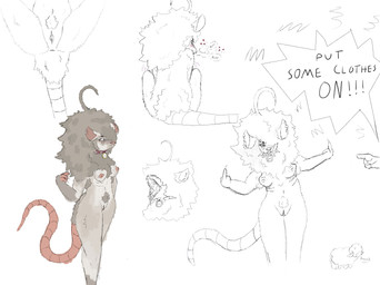 anthro anus barbell_piercing bodily_fluids collar collar_only ear_piercing female genitals gesture hand_gesture masturbation middle_finger nipple_piercing nipples nude nudist piercing pubes saliva solo speech_bubble text vulva leftoverlambchowder racha american_opossum mammal marsupial virginia_opossum english_text hi_res