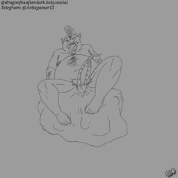 ambiguous_gender balls cock_tail_gulp cock_vore feet foot_on_balls foreskin genital_piercing genitals group looking_pleasured male male/male penile penis piercing questionable_consent tongue tongue_out tongue_piercing vore fledgedragonfox kinktober kinktober_2025 garr_(fledgedragonfox) humanoid orc 1:1 2025 monochrome