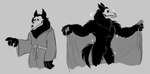 2020 4_claws 4_fingers anterior_nasal_aperture anthro arm_tuft belt biped black_body black_claws black_ears black_fur black_mane black_sclera black_tail black_tuft bone breynz_(tarangryph) canid canine chest_tuft claws clothed clothed_anthro clothed_male clothing crotch_tuft elbow_tuft eyes_closed fangs featureless_chest featureless_crotch finger_claws fingers flashing fluffy front_view fur fur_tuft grey_background greyscale head_turned hip_tuft leg_tuft male male_anthro mammal mane mikethebatz monochrome muscular muscular_anthro muscular_male mythological_canine mythological_creature mythology nude nude_anthro nude_male pecs pointy_ears portrait prick_ears robe rope rope_belt shoulder_tuft side_view simple_background skull skull_head solo sparkles spread_arms standing tail teeth three-quarter_portrait three-quarter_view tuft undead undressing werecanid werecanine werecreature werewolf wolf_tail