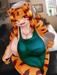 anthro apron areola areola_slip big_breasts blush breasts clothed clothing container cup female fur green_apron green_clothing hair holding_container holding_cup holding_object holding_pen looking_at_viewer pen solo stripes eringi i_mean_breast_milk felid mammal pantherine tiger hi_res meme