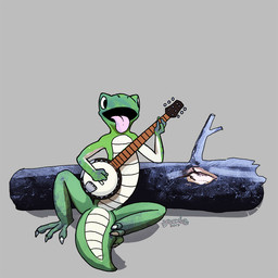 3_toes ambiguous_gender banjo_(instrument) feet green_body grey_background musical_instrument open_mouth pink_tongue playing_banjo plucked_string_instrument simple_background simple_eyes solo string_instrument toes tongue tongue_out yookie lizard reptile scalie 1:1 2017 dated signature