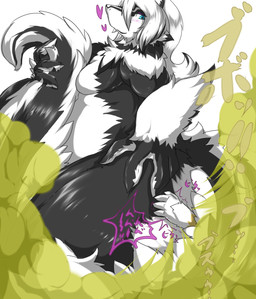 ambiguous_gender anthro blush butt duo facesitting fart fart_cloud fart_fetish farting_on_face female female/ambiguous fluffy fluffy_tail fur green_fart_cloud hair hand_on_hip heart_symbol holding_tail larger_female long_hair long_tail overweight overweight_female simple_background sitting sitting_on_another size_difference smile smothering tail tail_between_legs text thick_thighs trapped wide_hips sakamata mammal mephitid skunk 2015 digital_media_(artwork) hi_res japanese_text