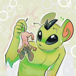 ambiguous/ambiguous ambiguous_gender antennae_(anatomy) anthro anthro_on_anthro big_eyes duo female green_body hair held_by_tail held_upside_down macro macro_anthro male micro mouthless nude tail dizzymilky dogtober frenzy_(dizzymilky) saturday_(dogtober) alien mammal mouse murid murine rodent hi_res female_(lore) male_(lore)