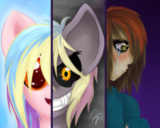bodily_fluids crying dual_persona duality female grin group rape_face sad smile split_personality split_screen tears what what_has_magic_done rainbowdevice1191 hasbro my_little_pony equid equine horse human mammal pony 5:4 absurd_res digital_media_(artwork) hi_res