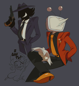ambiguous_gender anthro belt bottomwear clothed clothing electronics eyebrows for_a_head fur group hair male not_furry_focus screen screen_face simple_background tail teeth television text toony trio roachgore deltarune undertale_(series) tenna_(deltarune) vonnie_(roachgore) bing_bing_(roachgore) darkner humanoid object_head screen_head shadowguy_(deltarune) tv_head digital_media_(artwork) english_text hi_res