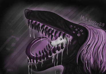 abstract_background almost_fully_inside ambiguous_gender black_body black_teeth bodily_fluids dripping duo feral hair head_in_mouth licking licking_another multi_eye predator/prey purple_eyes purple_hair saliva saliva_drip saliva_on_tongue saliva_string sharp_teeth simple_background size_difference smile teeth tongue vore white_body willing_prey mitdoggy29 canid canine canis domestic_dog mammal monster digital_media_(artwork) hi_res