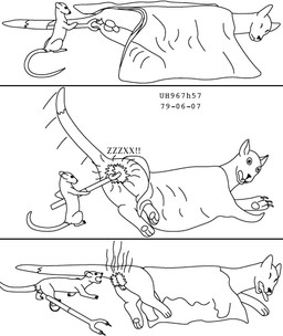 3_panel_comic anus balls balls_eating bedding blanket cattle_prod claws death duo electrocution eyes_closed feral fried_balls fur genitals imminent_electrocution male male/male shocked sleeping smoke tail tongue tongue_out wide_eyed zapped urbanhermit domestic_cat felid feline felis mammal murid murine rat rodent comic monochrome