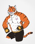 anthro bottomwear clothing fingerless_gloves gloves handwear looking_at_viewer male markings muscular muscular_anthro muscular_male nipples pecs scar shirtless shirtless_anthro shirtless_male shorts solo striped_markings stripes tail nukeyfox epic_games fortnite oscar_(fortnite) felid mammal pantherine tiger 2024 hi_res