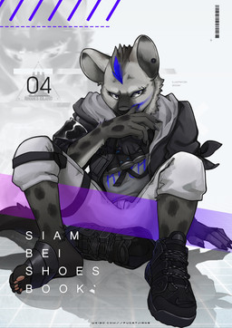 anthro black_hair bottomwear claws clothed clothing ear_piercing eyebrow_piercing facial_piercing feet footwear grey_body hair jacket looking_at_viewer male markings multicolored_hair open_clothing open_jacket open_topwear piercing shoes soles solo spots spotted_body text topwear two_tone_hair siambei arknights hypergryph studio_montagne spot_(arknights) hyena mammal spotted_hyena 2020 absurd_res english_text hi_res