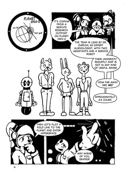 ambiguous_gender anthro apode control_panel cybernetics dialogue female group hand_on_chin legless machine male multi_eye serpentine space speech_bubble text phano star_spanners a-lo_(phano) jun_(phano) zora_(phano) avian draconcopode felid feline lagomorph leporid mammal naga rabbit robot comic english_text hi_res monochrome