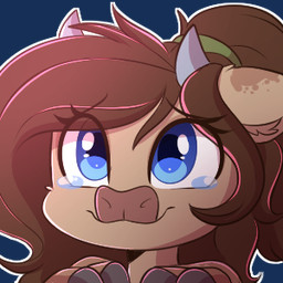 anthro blue_eyes bodily_fluids breasts brown_hair chibi cleavage clothed clothing crying female hair horn smile solo tears sakukitty mocha_latte_(ardail) bovid bovine cattle mammal 1:1 bust_portrait icon low_res portrait