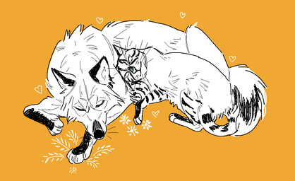 ambiguous_gender back_tuft cheek_tuft duo eyes_closed facial_tuft feral lying markings mouth_closed on_front simple_background sleeping striped_legs striped_markings striped_tail stripes tail tail_markings tuft unsigned yellow_background justkiddinb canid felid mammal partially_colored sketch