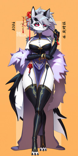 accessory anthro armwear asian_clothing big_breasts black_armwear black_body black_clothing black_elbow_gloves black_fur black_gloves black_handwear breasts chinese_clothing chinese_dress clothed clothed_anthro clothed_female clothing dress east_asian_clothing elbow_gloves female fingers fluffy fluffy_tail fur garter_straps gloves grey_body grey_fur grey_hair hair hair_accessory hairpin handwear legwear long_hair multicolored_body multicolored_fur red_sclera solo tail text thigh_highs white_body white_eyes white_fur shu_stella hellaverse helluva_boss mythology loona_(helluva_boss) canid canid_demon canine demon hellhound mammal mythological_canine mythological_creature 2026 absurd_res chinese_text digital_media_(artwork) hi_res