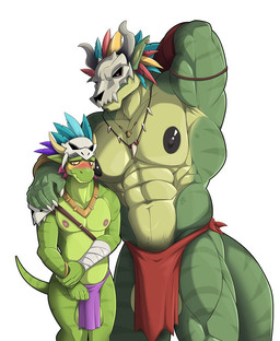 abs anthro areola arm_wraps ball_slip balls barazoku biceps big_balls big_muscles big_pecs blush bone bone_mask bottomwear clothed clothing duo genitals green_body green_scales head_feathers horn ineffective_clothing ineffective_loincloth loincloth loincloth_only male male/male mask muscular muscular_anthro muscular_male nipple_dip obliques pecs piercing quads scales selfcest serratus size_difference skull skull_mask square_crossover stocky topless trapezius triceps v-cut wraps zaqiizawa terraria shimmered_witch_doctor witch_doctor_(terraria) lihzahrd lizard reptile scalie