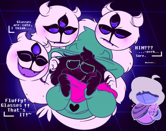 3_eyes 3_heads ambiguous_gender anthro black_body black_fur blush clothing coiling eyewear feral fur glasses group hat headgear headwear male multi_eye multi_head purple_eyes text white_body white_fur pillsburries_(artist) deltarune european_mythology greek_mythology mythology undertale_(series) clover_(deltarune) kris_dreemurr ralsei bovid canid canid_demon canine caprine cerberus darkner demon goat hellhound human mammal mythological_canine mythological_creature english_text