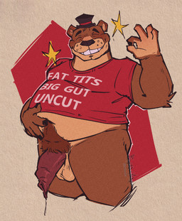 anthro balls belly black_nails blush bodily_fluids bottomless bottomless_male brown_body brown_fur clothed clothing colored_nails foreskin fur genital_fluids genitals hair hat headgear headwear humanoid_genitalia humanoid_penis long_foreskin male nails overweight overweight_male penis pubes shirt simple_background smile solo text topwear unretracted_foreskin ryonane fat_tits_big_gut_uncut five_nights_at_freddy's meme_clothing scottgames freddy_(fnaf) bear mammal ursine absurd_res digital_media_(artwork) hi_res meme