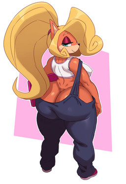 anthro big_butt blonde_hair breasts butt butt_cleavage clothed clothed_anthro clothed_female clothing computer crop_top electronics eyebrows eyelashes female female_anthro footwear glistening_eyelids green_eyes hair huge_butt laptop long_hair looking_at_viewer nipple_outline no_underwear overalls ponytail rear_view shirt shoes simple_background smile solo standing thick_thighs topwear wide_hips y_shaped_butt_crack sssonic2 activision crash_bandicoot_(series) coco_bandicoot bandicoot mammal marsupial 2021 absurd_res digital_media_(artwork) hi_res