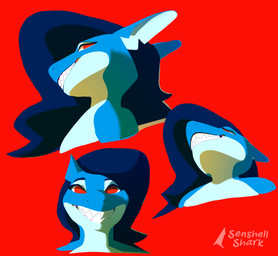 anthro blue_body female hair looking_at_viewer purple_hair red_background red_eyes sharp_teeth simple_background smile solo teeth text colabun shelly_(colabun) aquatic fish shark 2022 digital_media_(artwork) english_text