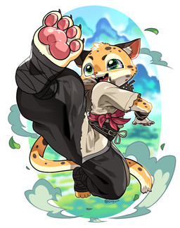 action_pose anthro flying_kick green_eyes kemono kick male midair open_mouth pawpads pose raised_leg solo young young_anthro young_male dogblin ne_zha_(series) shen_xiaobao felid leopard mammal pantherine 2025 absurd_res chinese_description hi_res