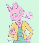 anthro cardigan clothing dress female fur hair hand_on_hip jewelry pink_body pink_fur pink_hair solo speech_bubble bbravaa bojack_horseman netflix princess_carolyn felid feline mammal hi_res