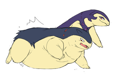 ambiguous_gender belly blue_body duo feeding feral immobile morbidly_obese obese overweight weight_gain yellow_belly zephy_03 nintendo pokemon generation_2_pokemon generation_8_pokemon hisuian_form hisuian_typhlosion pokemon_(species) regional_form_(pokemon) typhlosion 3:2