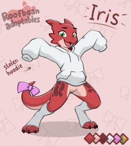 accessory amber_eyes anthro bottomless bow_ribbon claws clothed clothing color_swatch countershading digitigrade ear_scar excited femboy footwear furgonomics green_eyes grey_clothing grey_hoodie grey_topwear heterochromia hoodie male open_mouth orange_eyes pink_body pink_bow pink_countershading pink_ribbon red_body red_scales red_skin ribbons scales scar smile smiling_at_viewer socks solo spots standing tail tail_accessory tail_ribbon text toe_claws toeless_footwear toeless_socks topwear white_clothing white_hoodie white_toeless_socks white_topwear roofbean kobold scalie absurd_res english_text hi_res