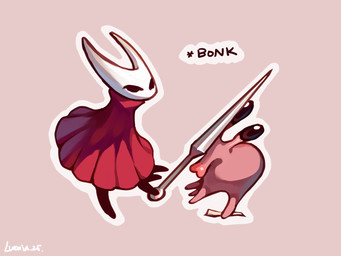 2_horns ambiguous_gender attack biped cloak clothing duo holding_melee_weapon holding_object holding_weapon horn melee_weapon red_cloak red_clothing simple_background sound_effects text weapon lucaniamc go_to_horny_jail hollow_knight:_silksong hollow_knight_(franchise) team_cherry hornet_(hollow_knight) nuu_(hollow_knight:_silksong) arthropod gastropod mollusk 2025 4:3 english_text meme female_(lore)