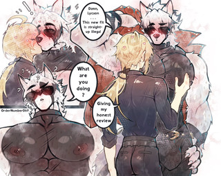abs anthro barazoku black_highlights blonde_hair blush bodily_fluids bottomwear clothing collar dialogue duo eyewear from_behind_position fur hair hand_on_leg heart_symbol highlights_(coloring) jacket kissing male muscular muscular_anthro muscular_male musk pants pecs ponytail question_mark questioning_tone red_clothing red_jacket red_topwear sex speech_bubble sunglasses surprised sweat sweatdrop text tight_clothing topwear touching_pecs white_body white_fur white_hair ordernumber069 hoyoverse mihoyo zenless_zone_zero hugo_vlad von_lycaon canid canine canis human mammal thiren wolf 2025 digital_media_(artwork) english_text hi_res
