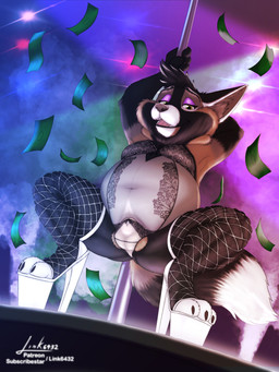anthro balls belly big_belly chubby_cheeks clothed clothing crossdressing dancing detailed_background fishnet_clothing fishnet_legwear footwear fur genitals high_heels legwear lingerie looking_at_viewer male obese obese_anthro one_piece_lingerie overweight overweight_anthro overweight_male platform_footwear platform_heels pole pole_dancing shoes slightly_chubby slightly_chubby_male smile solo tail thick_thighs underwear link6432 canid canine canis fox mammal 3:4 absurd_res digital_media_(artwork) hi_res
