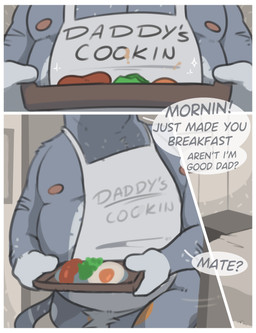 4_fingers age_difference aged_up anthro apron apron_only areola arm_hair barazoku bed bedroom belly big_areola big_belly big_muscles big_pecs big_tail body_hair border brown_body brown_fur clothed clothing comic_panel curvy_figure detailed_background dialogue drawer elderly fingers food fried_egg fur furniture grey_body grey_fur grey_hair hair hairy holding_food holding_object huge_thighs humanoid_hands male male/male markings meat moobs multicolored_body multicolored_fur musclegut muscular muscular_anthro muscular_male nipples nude older_anthro orange_hair overweight overweight_anthro overweight_male painting_(object) pecs sausage simple_background solo spots spotted_body spotted_fur standing tail talking_to_another tan_body tan_fur tan_tail text text_on_clothing thick_thighs tuft two_tone_body two_tone_fur two_tone_tail walk-in walking white_body white_border white_fur wrinkles yellow_omen bluey_(series) bob_heeler australian_cattle_dog canid canine canis cattledog domestic_dog herding_dog mammal pastoral_dog 2026 absurd_res colored comic digital_drawing_(artwork) digital_media_(artwork) english_description english_text flat_colors hi_res shaded father_(lore) father_and_child_(lore) father_and_son_(lore) grandfather_(lore) grandparent_(lore) incest_(lore) parent_(lore) parent_and_child_(lore) parent_and_son_(lore) son_(lore)