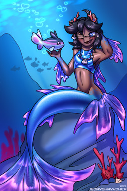 anthro black_hair blue_clothing blue_eyes blue_latex blue_tail blue_topwear blush brown_body clothing ear_piercing eyewear glasses gradient_tail hair jewelry latex latex_clothing latex_topwear male necklace one_eye_closed piercing purple_tail solo split_form tail topwear jedayskayvoker hasbro my_little_pony nintendo pokemon fan_character laurel_crown_(the_laurelcrown) aquatic earth_pony equid equine finneon fish generation_4_pokemon horse mammal merfolk pokemon_(species) pony 2:3 absurd_res hi_res