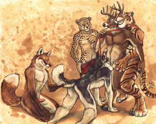 5_fingers all_fours anal anal_penetration animal_genitalia animal_penis anthro anthro_on_anthro antlers biped bottomwear brown_body brown_fur canine_genitalia canine_penis claws clothing collar countershade_face countershade_fur countershade_tail countershade_torso countershading digitigrade dipstick_tail erection eyes_closed fangs feet fingers fluffy fluffy_tail fur genitals green_eyes group group_sex hindpaw hooves horn interspecies kneeling leash leash_pull leashed_collar male male/male male_penetrated male_penetrating male_penetrating_male markings nude orange_body orange_fur orgy paws penetration penis sex shorts spots standing striped_body striped_fur stripes tail tail_markings teeth underwear undressing whiskers blotch scratches_volume_5 canid canine canis cheetah deer domestic_dog felid feline fox husky mammal nordic_sled_dog pantherine red_fox spitz tiger true_fox 2011 colored traditional_media_(artwork)