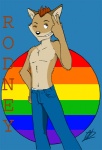 5_fingers anthro biped black_nose brown_hair clothed clothing ear_piercing fingers fur hair hand_on_hip humanoid_hands looking_at_viewer male mohawk navel one_eye_closed piercing rainbow short_hair smile solo standing tan_body tan_fur text topless wink unknown_artist closet_coon rodney_waters canid canine canis coyote mammal character_name