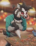 accessory anthro apron baking blurred_background bottomwear clothed clothing cooking detailed_background food gingerbread hair_accessory holidays looking_down male red_eyes scarf shorts solo tongue tongue_out conditional_dnp xnirox christmas nintendo pokemon rel_(relightcharge) badger generation_8_pokemon mammal mustelid musteline obstagoon pokemon_(species) 4:5 hi_res