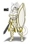 anthro armor big_breasts breasts clothed clothing female fur hair holding_object holding_weapon legwear looking_at_viewer melee_weapon nipple_piercing nipples piercing purple_eyes shield simple_background solo sword tail topwear weapon white_body white_fur white_hair mi_lan milan_(mi_lan) felid feline mammal absurd_res digital_media_(artwork) hi_res