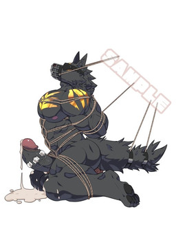 anal anal_penetration anthro balls barazoku bdsm black_body black_pawpads blindfold bodily_fluids bondage bound cuff_(restraint) cum cum_drip cum_dripping_from_penis dildo dildo_in_ass dildo_insertion dripping erection foreskin genital_fluids genitals hands_behind_back kneeling male muscular muzzle_(object) nude object_in_ass pawpads penetration penile penis raised_head restraints retracted_foreskin rope rope_bondage rope_harness sex_toy sex_toy_in_ass sex_toy_insertion side_view simple_background solo tail tail_cuff vibrator vibrator_on_penis white_background littleblackalas canid canine canis mammal wolf watermark