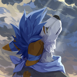 anthro black_nose blue_hair blue_kerchief blue_neckerchief brown_body brown_fur cheek_tuft cloud detailed_background ears_back facial_tuft fur green_eyes grey_body grey_fur hair kerchief looking_up male mouth_closed multicolored_body multicolored_fur narrowed_eyes neckerchief neckwear outside pivoted_ears solo tuft unsigned white_body white_fur corzh77 canid mammal 1:1 absurd_res bust_portrait detailed digital_media_(artwork) digital_painting_(artwork) hi_res icon painting_(artwork) portrait