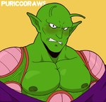 antennae_(anatomy) blush clenched_teeth frown green_body humanoid_pointy_ears male muscular nipples pecs solo teeth purico dragon_ball piccolo alien humanoid namekian