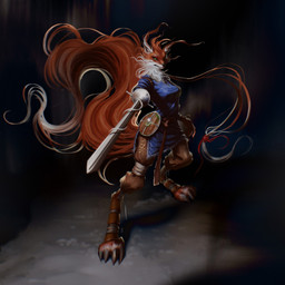 anthro clothed clothing digitigrade digitigrade_footwear female flowing_hair flowing_tail footwear furgonomic_footwear furgonomics gesture hair hand_gesture looking_at_viewer melee_weapon pointing pointing_at_viewer shield solo sword warrior weapon adrian_bueno canid canine fox mammal 1:1 hi_res