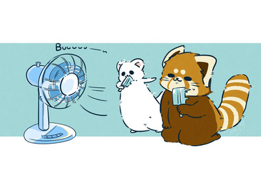 ambiguous_gender biped brown_body brown_fur chibi dot_eyes duo electric_fan feral food fur popsicle simple_eyes sitting text white_body white_fur shi_nominmin ailurid mammal mustelid musteline red_panda stoat true_musteline weasel 2020 hi_res