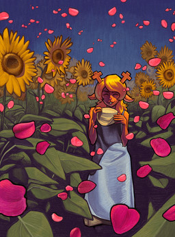 ambiguous_gender anthro blonde_hair brown_body brown_fur buckteeth clothed clothed_anthro clothed_female clothing detailed_background dress duo eyes_closed female flower fur hair hat headgear headwear holding_object petals plant red_nose rose_petals standing sunflower teeth name_is_less deltarune undertale undertale_(series) flowey_the_flower noelle_holiday deer mammal 2026 digital_media_(artwork) digital_painting_(artwork) hi_res painting_(artwork)