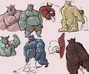 anal anal_penetration balls blue_body bottomwear brown_body bulge butt clothing genitals green_body group hug male male/male musclegut muscular oral overweight overweight_male penetration penis red_body sex shorts desertb0ar humanoid orc 2019 absurd_res hi_res