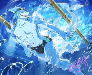 abs anthro blue_body bubble bulge clothed clothing detailed_bulge genital_outline male muscular muscular_anthro muscular_male open_mouth pecs penis_outline red_eyes sharp_teeth solo swimming swimming_pool teeth topless underwater water white_body papayafurry aquatic fish shark 2024 dated hi_res signature