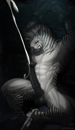 abs animal_genitalia animal_penis anthro arms_above_head balls biped black_balls black_body black_penis black_skin black_stripes bodily_fluids bound chain chained cuff_(restraint) cum cumshot ejaculation equine_genitalia equine_penis erection eyes_closed flared_penis genital_fluids genitals grey_hair hair hands-free hands_above_head long_penis male medial_ring muscular muscular_anthro muscular_male nude orgasm pecs penis restraints shackles shadow sitting solo striped_body striped_skin stripes text white_body white_skin todex equid equine mammal zebra 2018 absurd_res english_text hi_res url