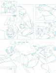 amber-aria anthro bent_over bent_over_table blue_and_white clothed clothing comic cougar dialogue duo english_text felid feline female hi_res human male mammal monochrome partially_clothed romantic romantic_couple text transformation