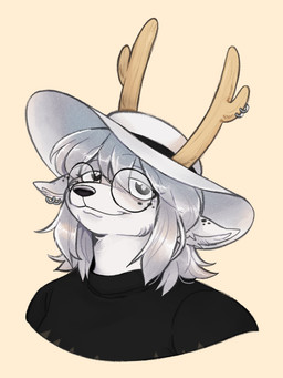 anthro big_hat ear_piercing ear_ring female freckles gardener mature_female piercing ring_piercing smile solo tired cabysoft pepper_(peppershakerr) deer mammal 3:4 headshot_portrait hi_res portrait