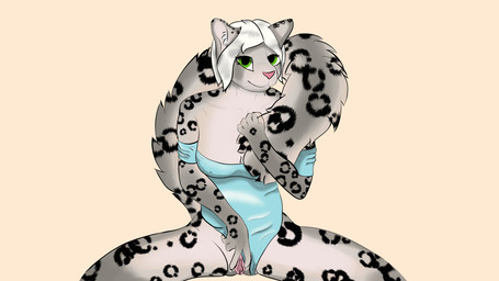 anthro clothing clothing_aside female front_view genitals looking_at_viewer nipple_outline sitting solo spread_vulva spreading stretchy_fabric tail_over_shoulder unitard vulva otterwolfashe felid mammal pantherine snow_leopard 16:9 4k absurd_res hi_res widescreen